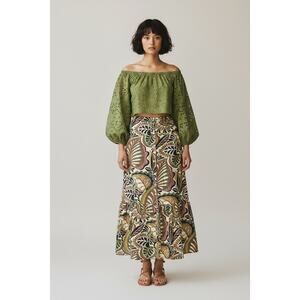 DR2 Daniel Rainn Boho Tropical Leaf Button Front Maxi Skirt Ruffle Hem Large